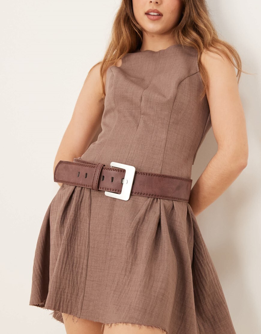 My Accessories wide square buckle belt in brown and brushed silver | ASOS Style Feed