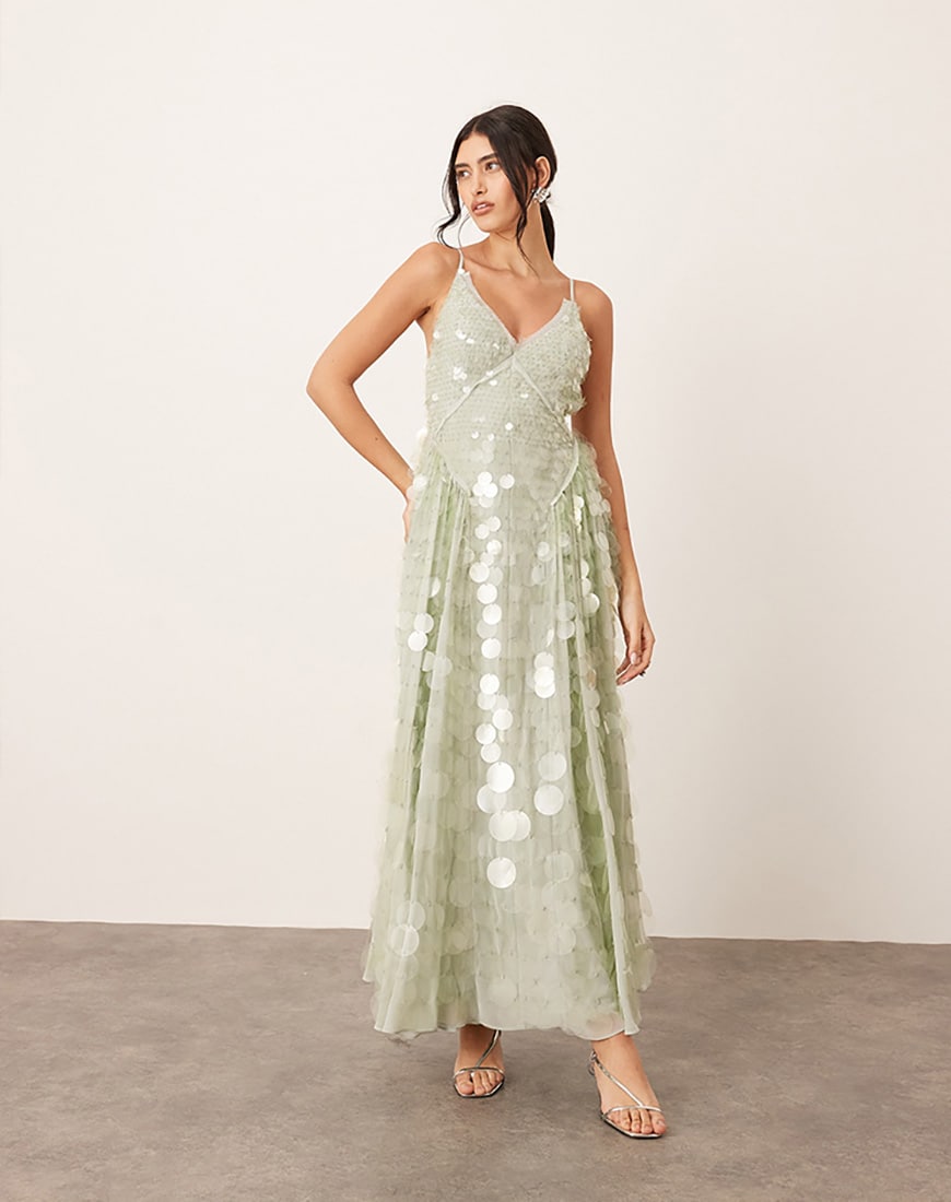 Woman wearing ARRANGE sequin sage dress | ASOS Style Feed