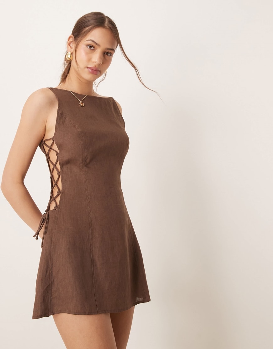 VRG GRL nova linen mini dress with tie side in brown | ASOS Style Feed