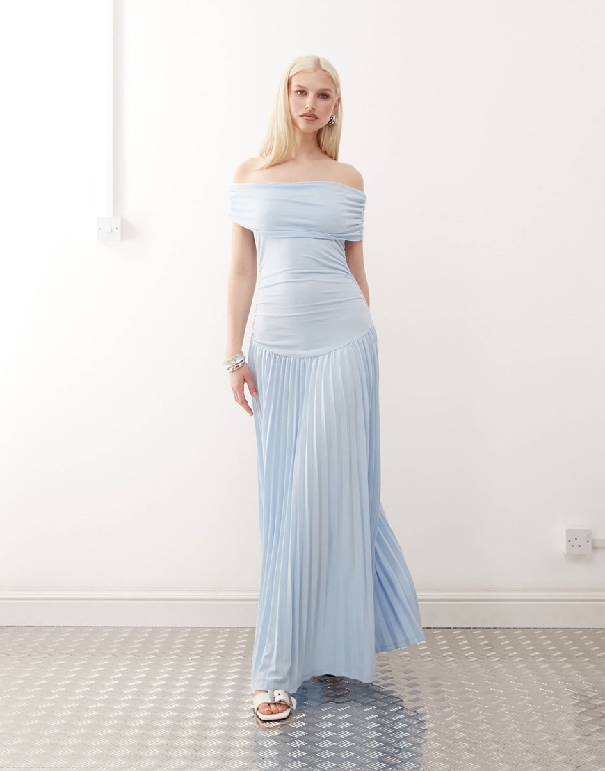 Lioness Field of Dreams foldover bardot ruched drop waist pleated maxi dress in soft blue | ASOS Style Feed