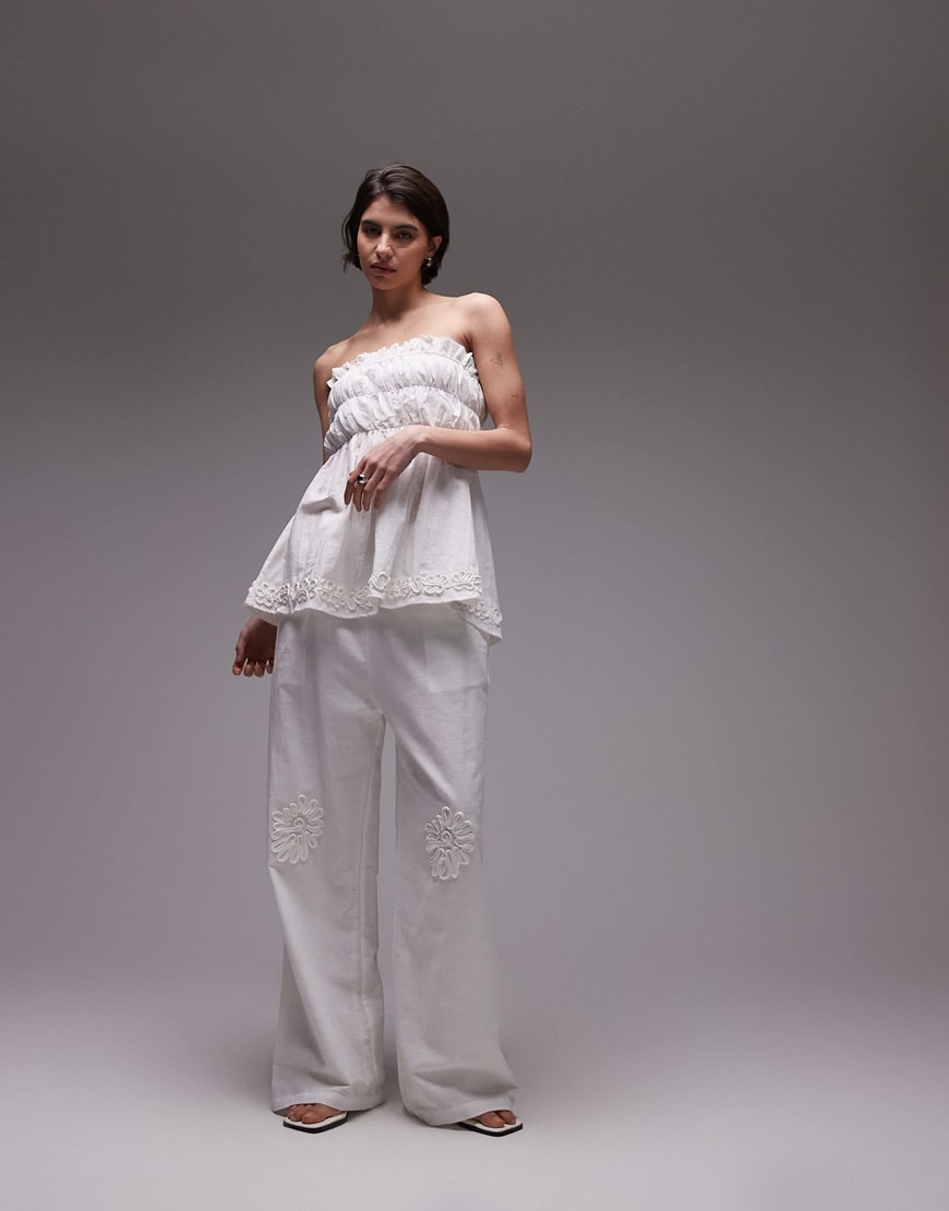 SNDYS linen blend flower applique ruched bandeau top & wide leg trousers co-ord in white | ASOS Style Feed