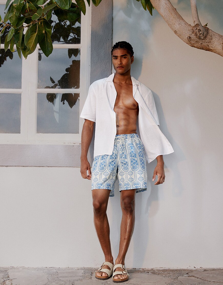 ASOS DESIGN swim short in mid length with ornate floral in blue | ASOS Style Feed