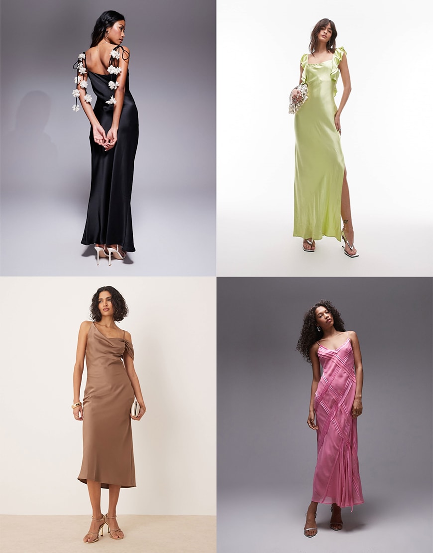 Collage of female models wearing silky maxi dresses
