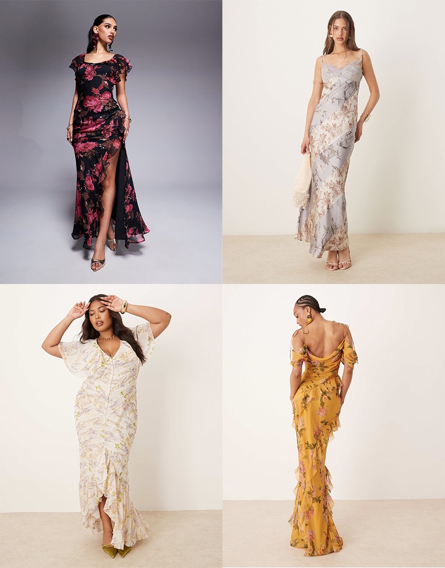 Collage of models wearing floral maxi and midi dresses