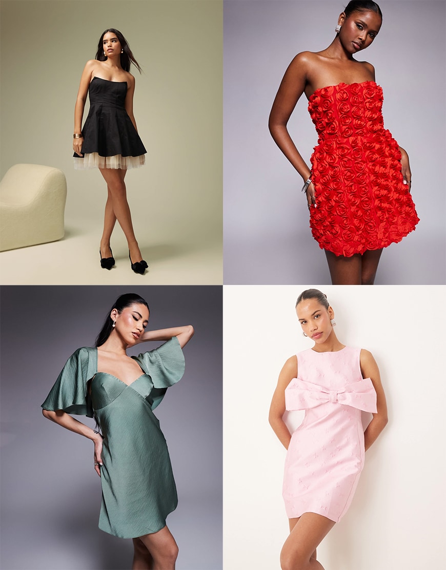 Collage of models wearing short wedding guest dresses