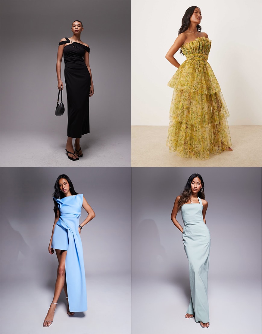 Collage of female models wearing structured dresses
