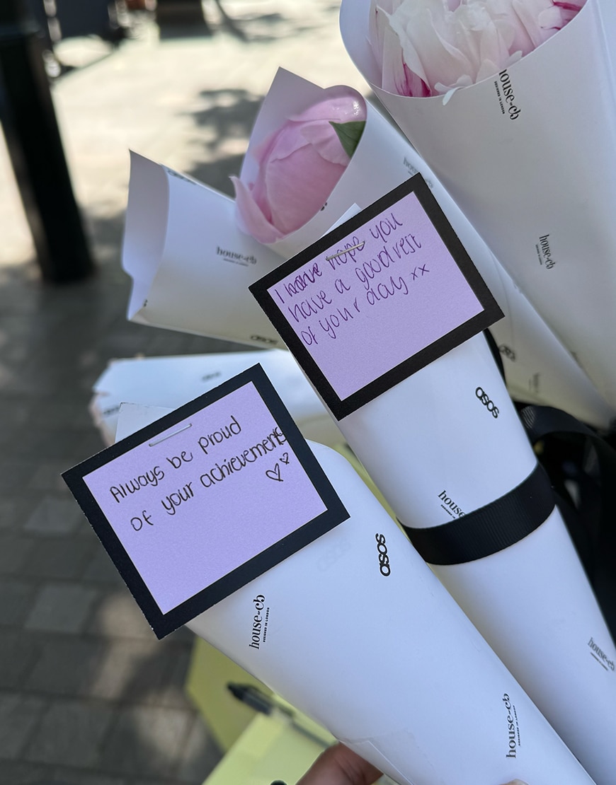 Peonies with personalised messages on them
