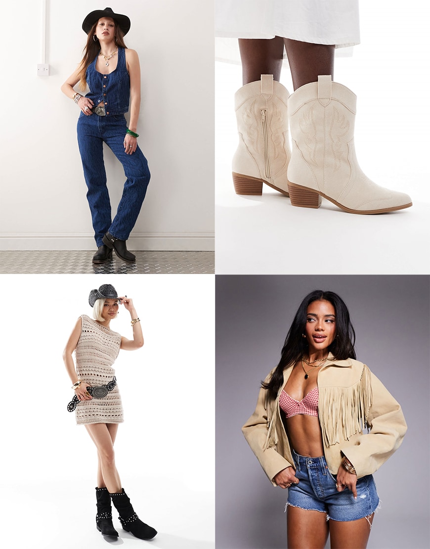 Collage of female models wearing boho and western-inspired clothing