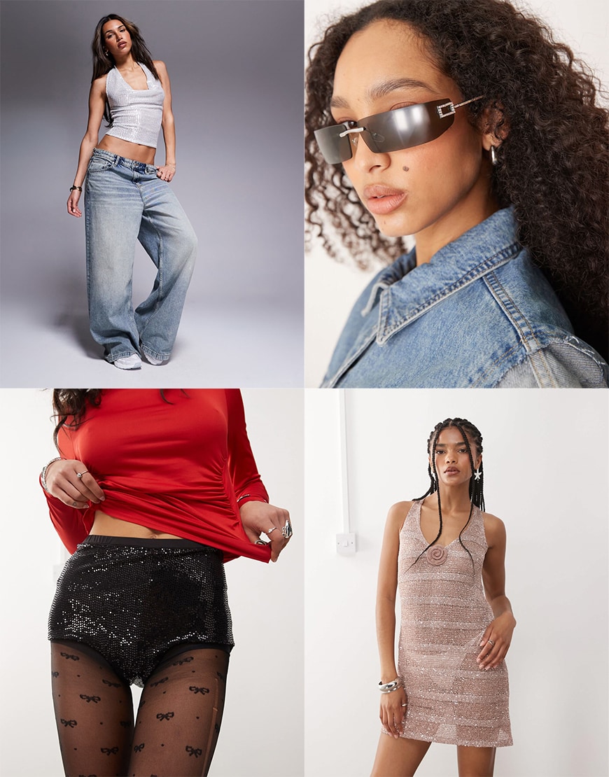 Collage of female models wearing disco-inspired clothing
