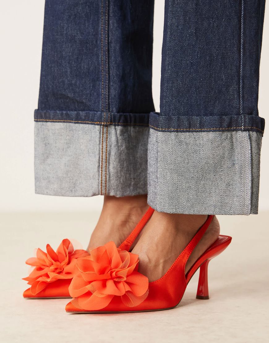 ASOS DESIGN Sunrise corsage slingback mid heeled shoes in orange | ASOS Style Feed