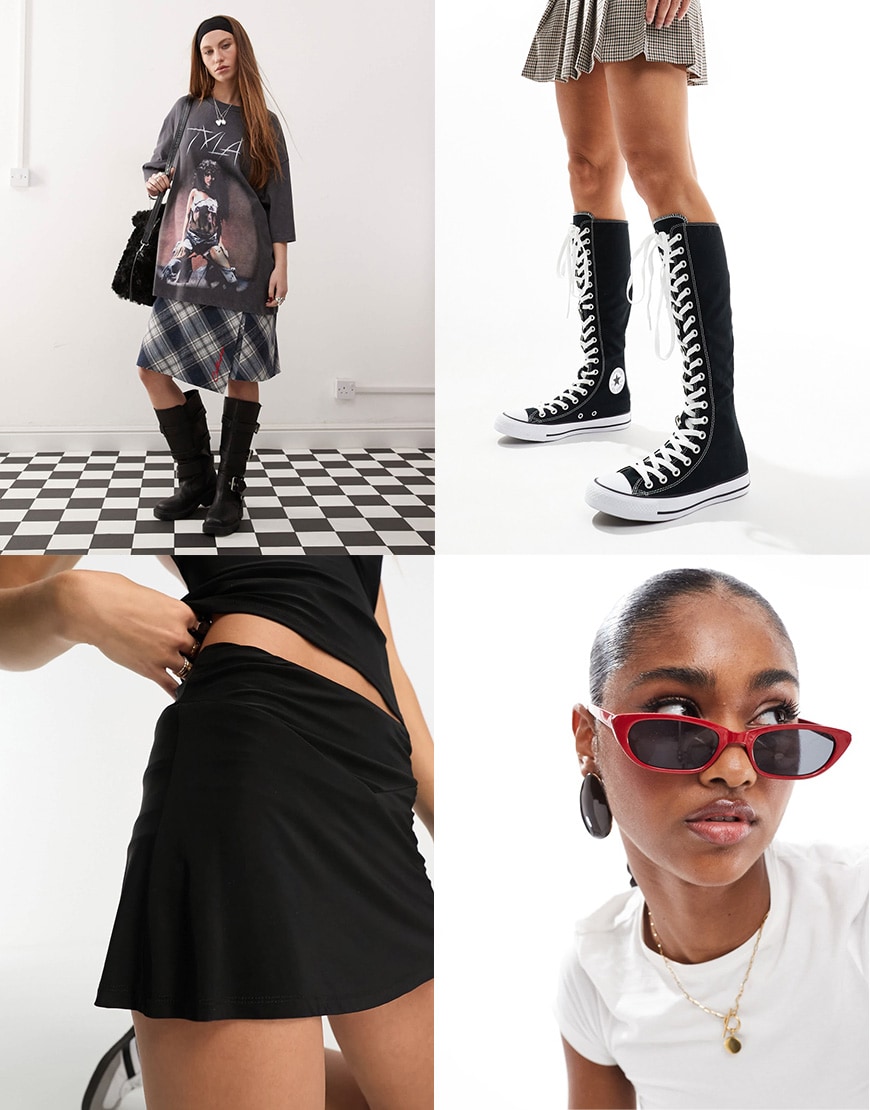 A collage of an outfit with a band t shirt