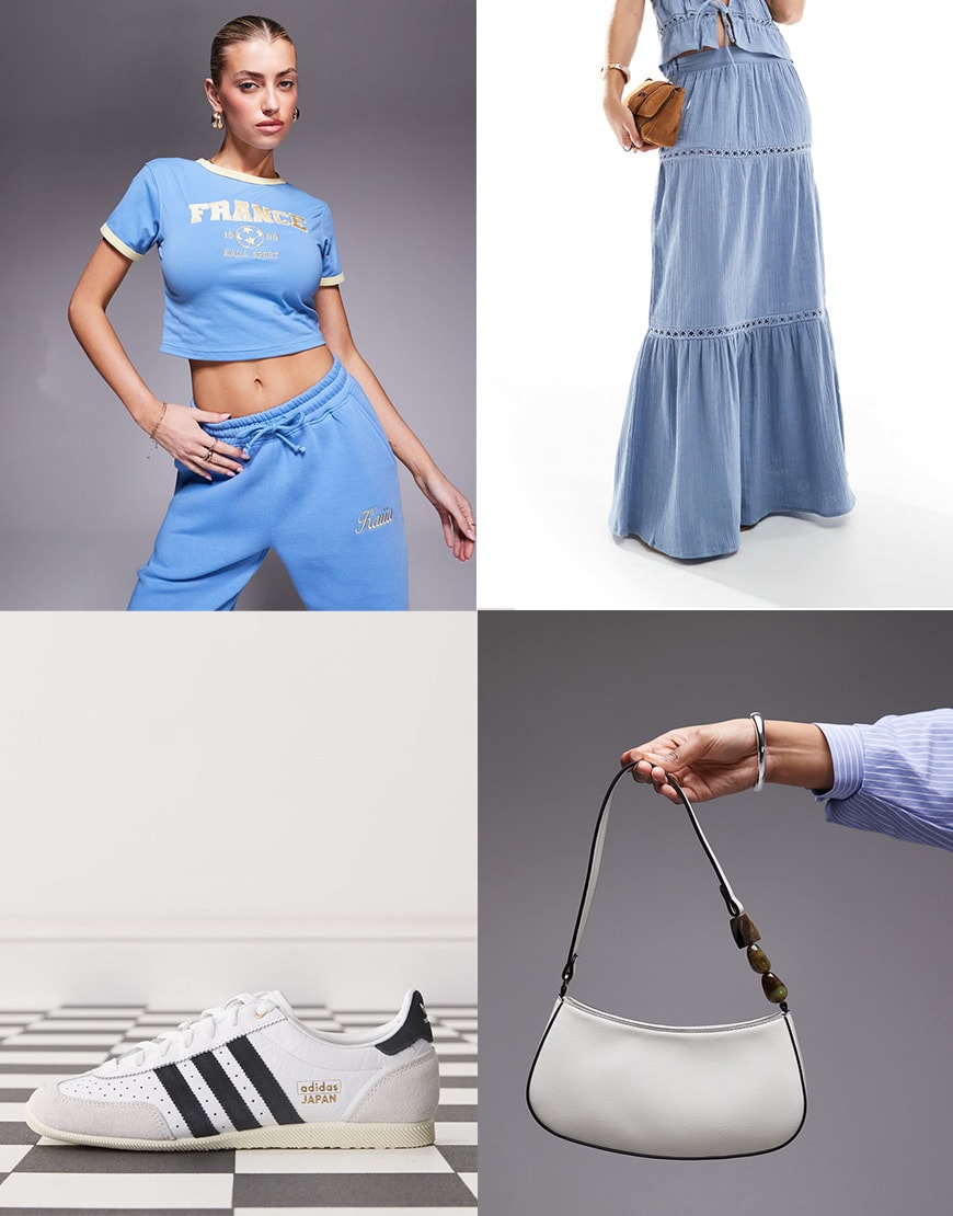 A collage of an outfit featuring a France print baby tee