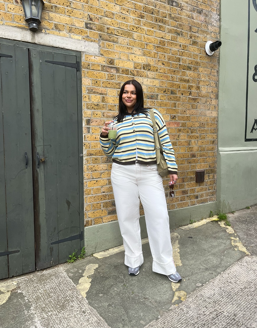 Mary-Ann wearing a striped cardigan