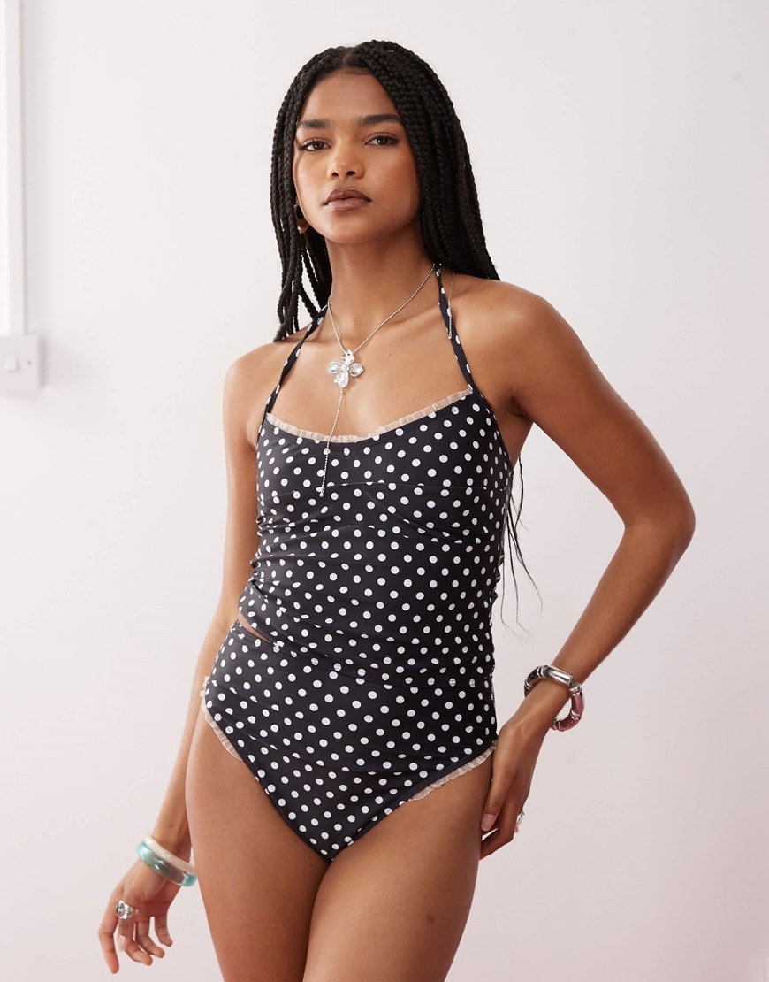 Reclaimed Vintage tankini bikini top with frilly trim in black polka dot print | ASOS Style Feed