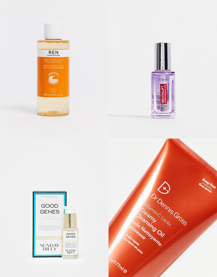 Collage of skincare products that contain lactic acid