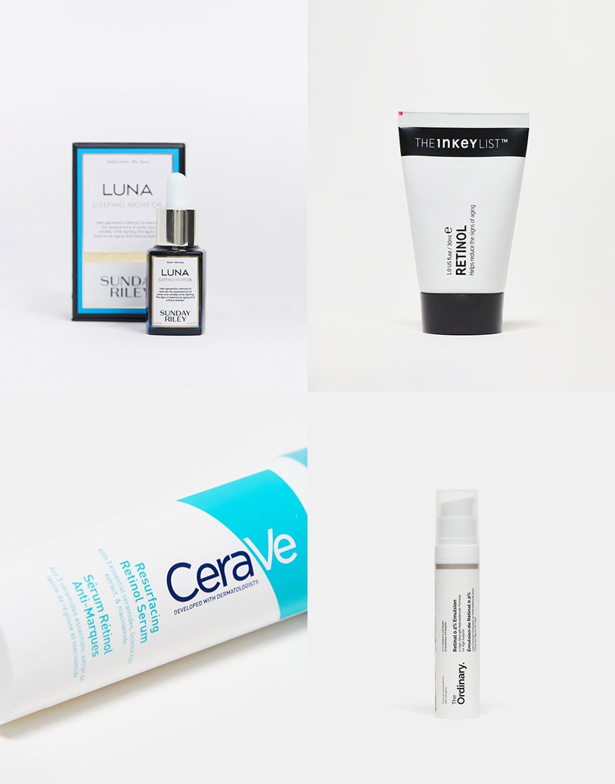 Collage of skincare products that contain retinol