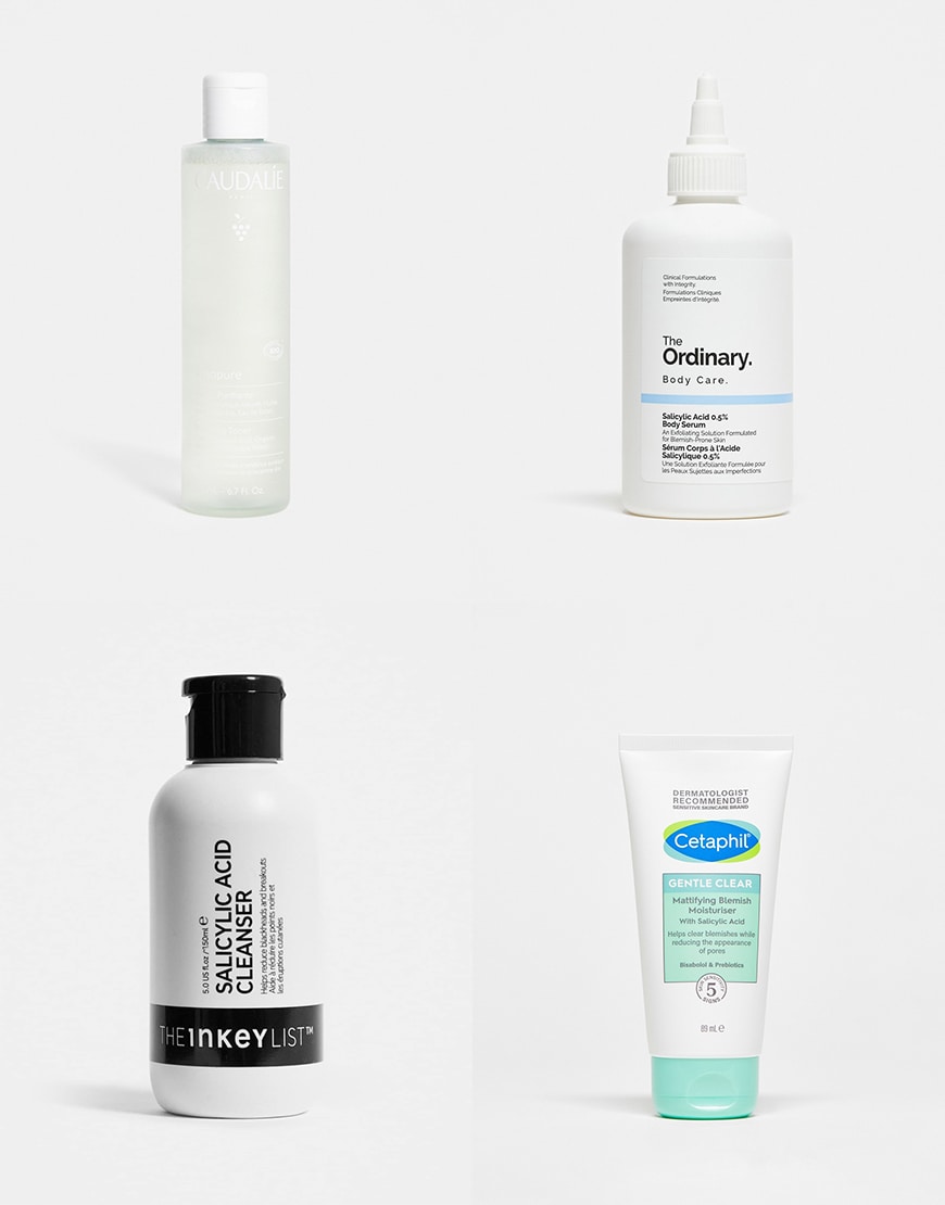 Collage of skincare products that contain Salicylic acid