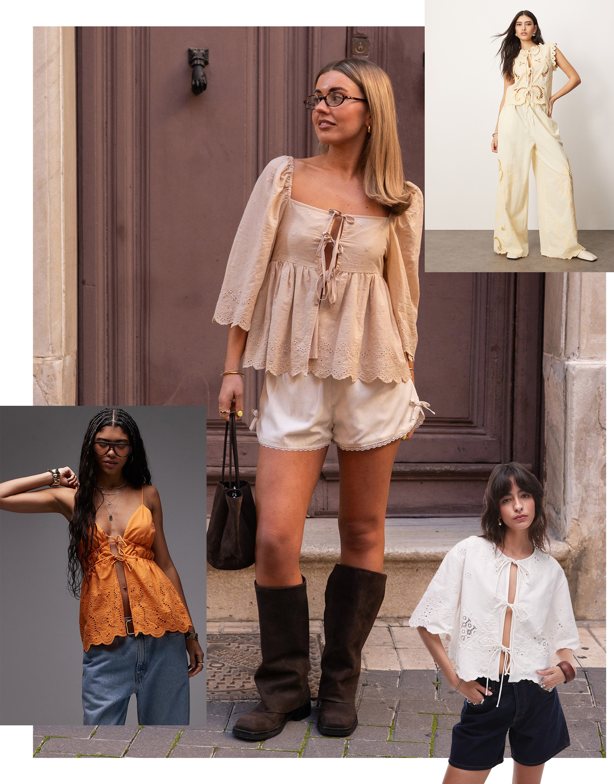A collage of models wearing cutwork tops