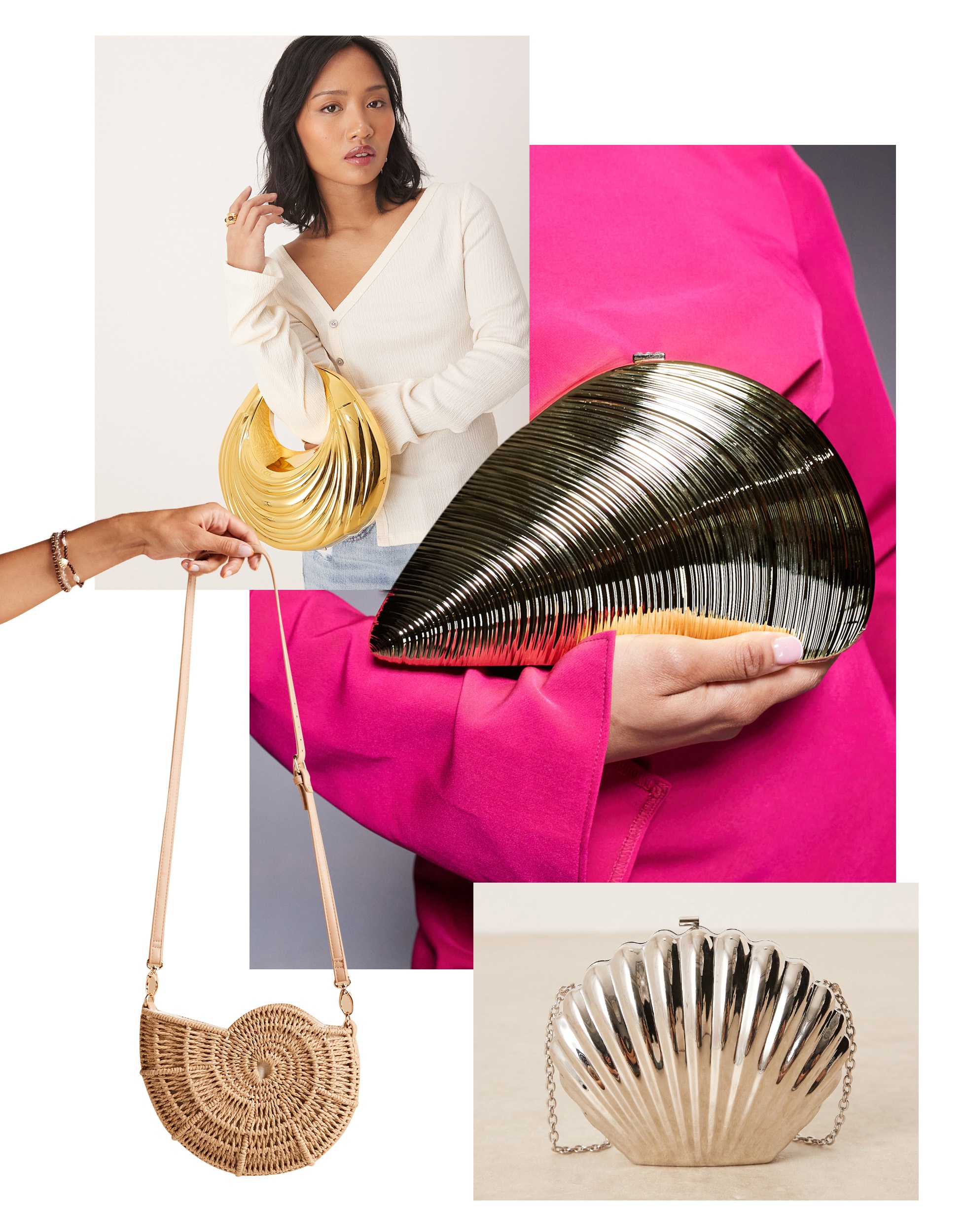 A collage of models wearing sea-themed bags