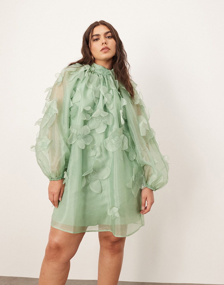 ARRANGE Curve applique organza floral high neck trapeze mini dress in light green | ASOS Style Feed
