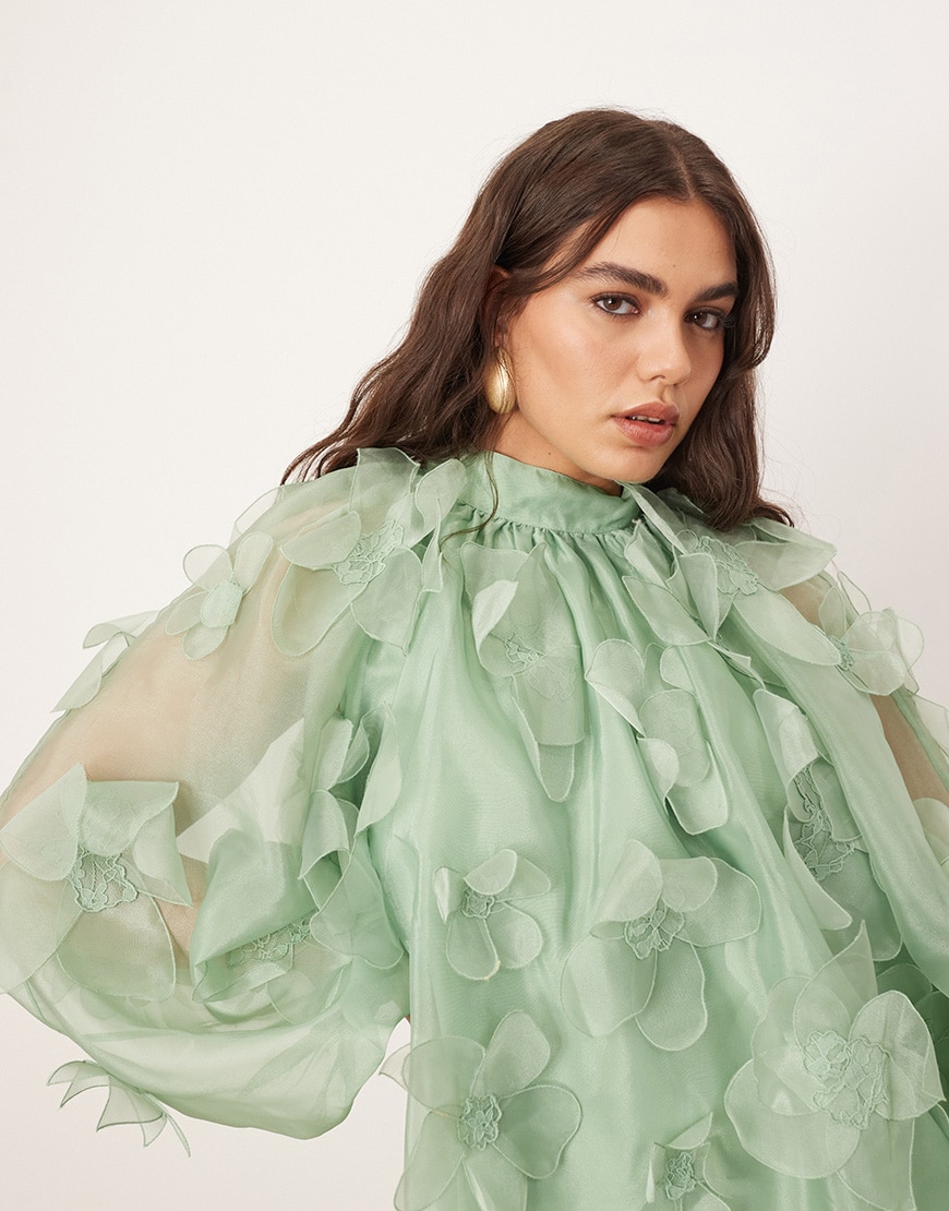 ARRANGE Curve applique organza floral high neck trapeze mini dress in light green | ASOS Style Feed