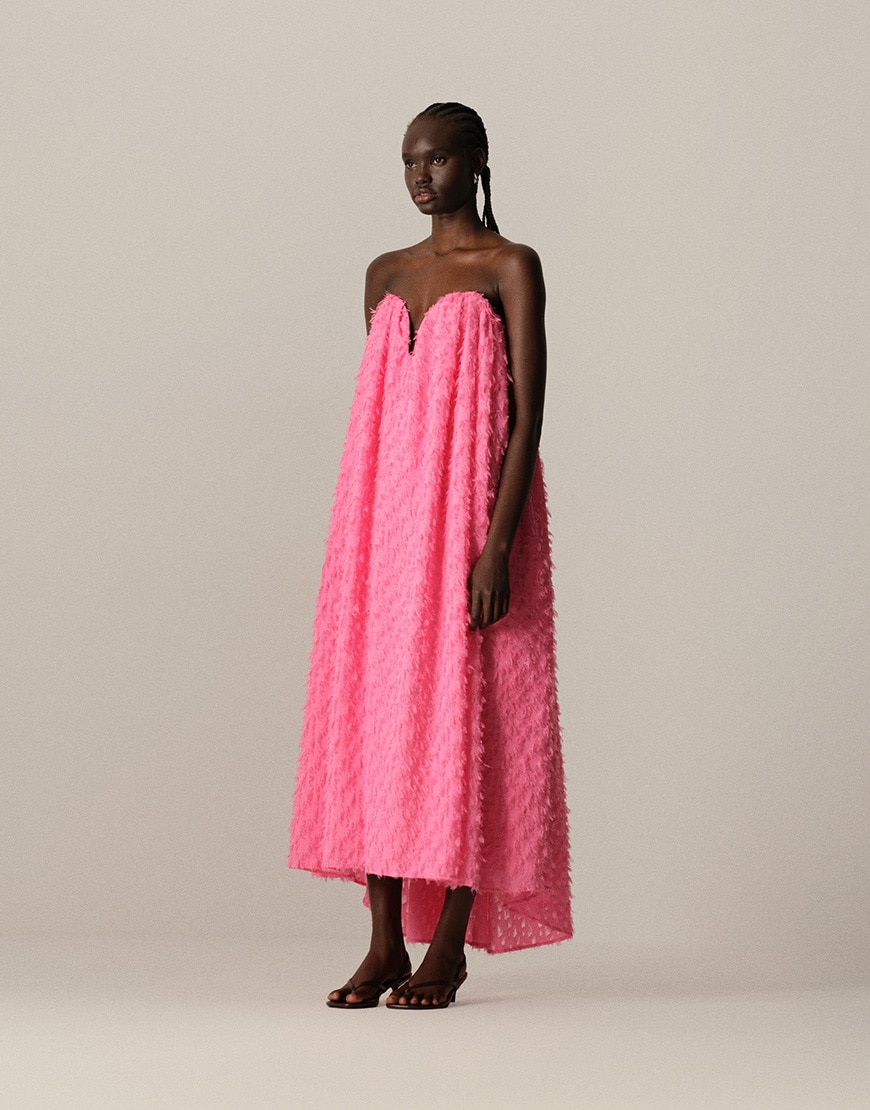 ARRANGE texture volume corseted bandeau maxi dress in pop pink | ASOS Style Feed