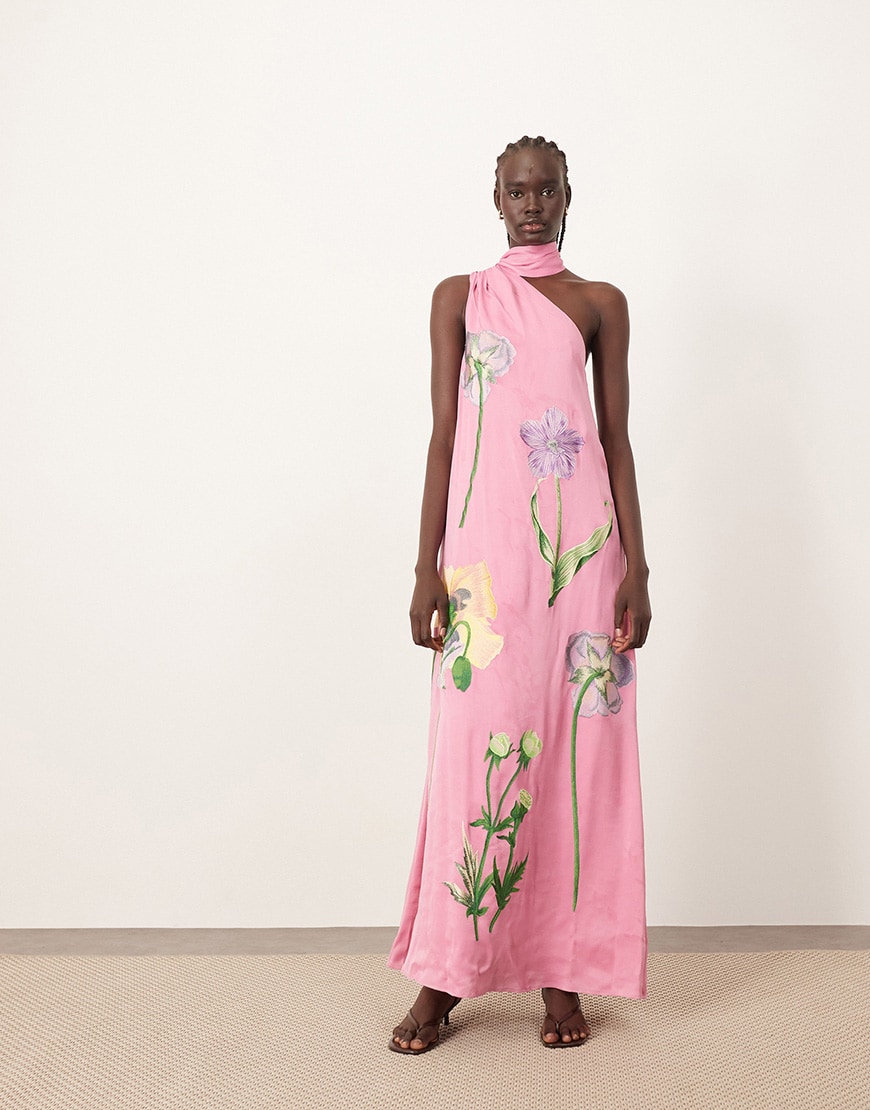ARRANGE botanical floral embroidered one shoulder maxi dress in pink | ASOS Style Feed