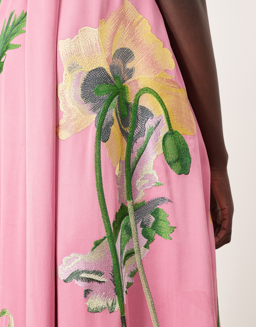 ARRANGE botanical floral embroidered one shoulder maxi dress in pink | ASOS Style Feed