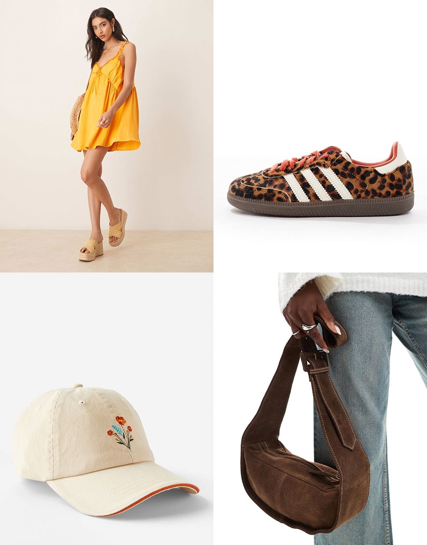 An image collage including an orange dress and trainers