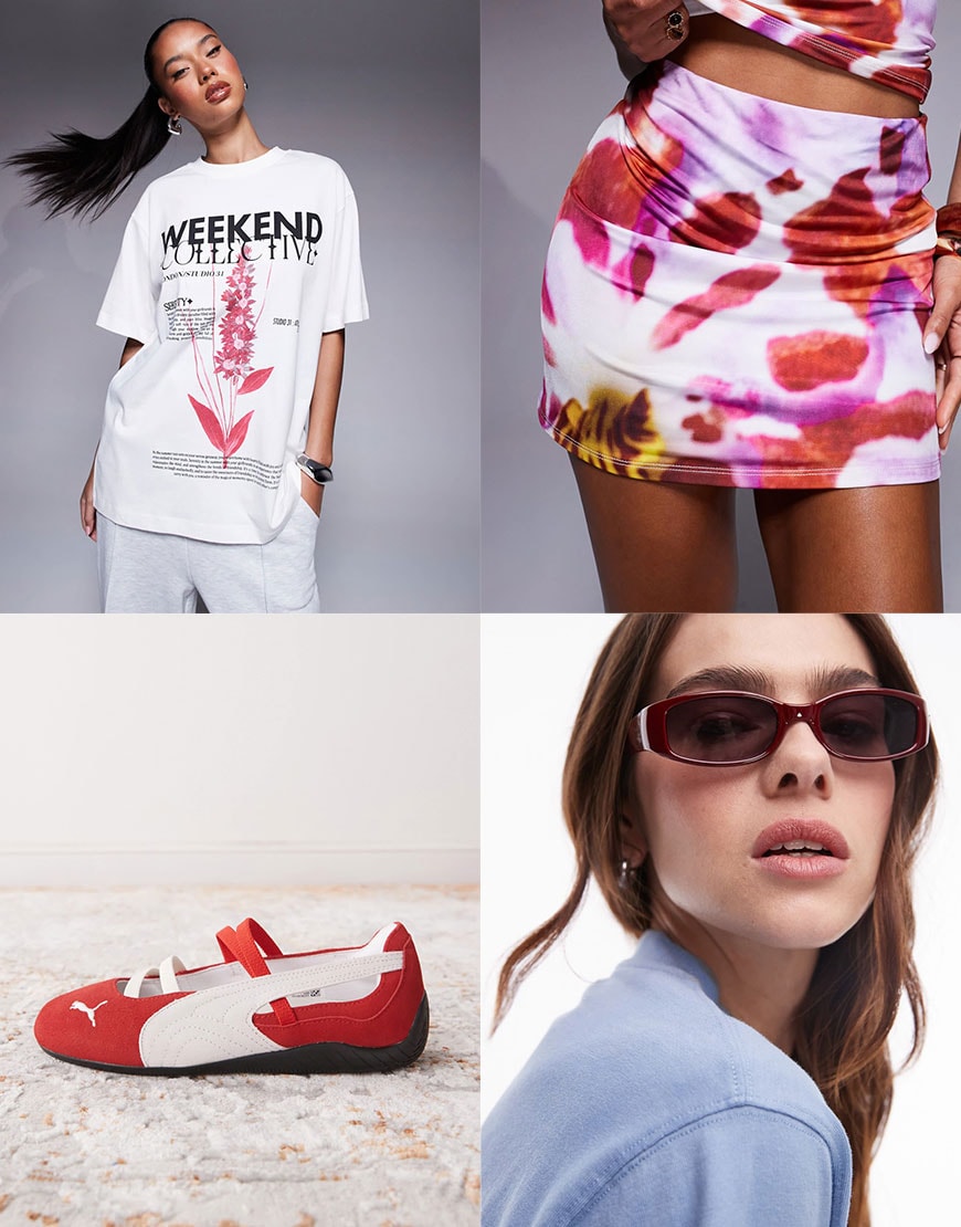 An outfit collage including a graphic tee and mini skirt