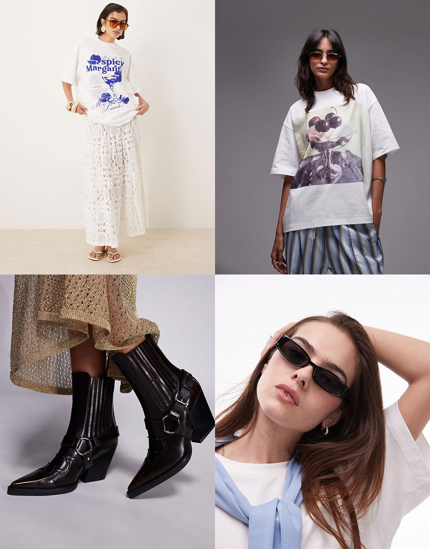 An outfit collage including a printed tee and a lace skirt