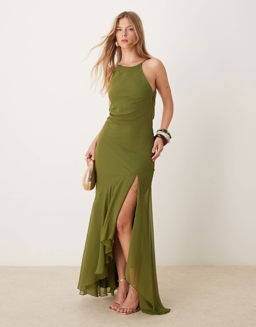 A model wearing a low back dill green dress | ASOS Style Feed