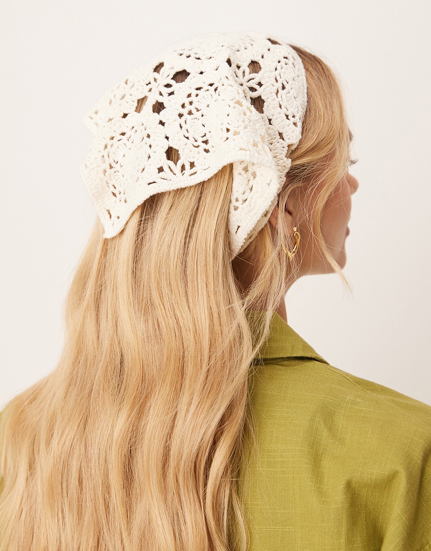 Sui Ava Bohemian floral crochet headscarf in white | ASOS Style Feed