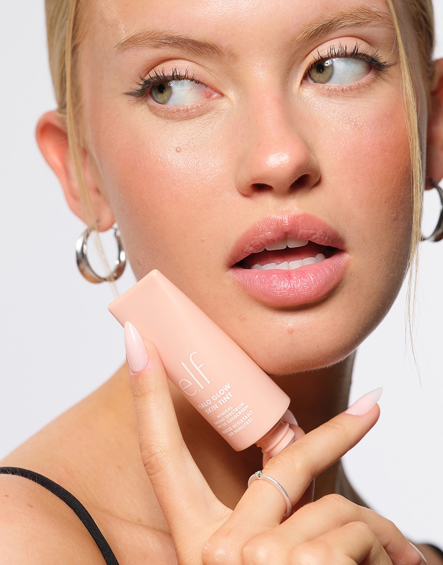 model wearing e.l.f halo skin glow