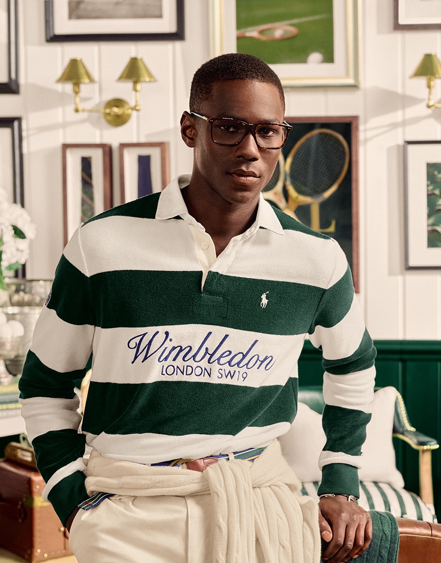 A model wearing a polo form the Polo Ralph Lauren x Wimbledon collection