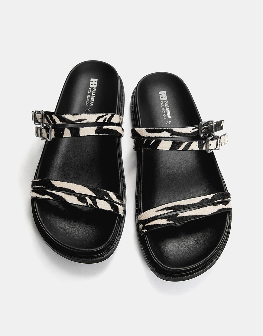 Pull&Bear flat leather animal print sandals in contrast | ASOS Style Feed