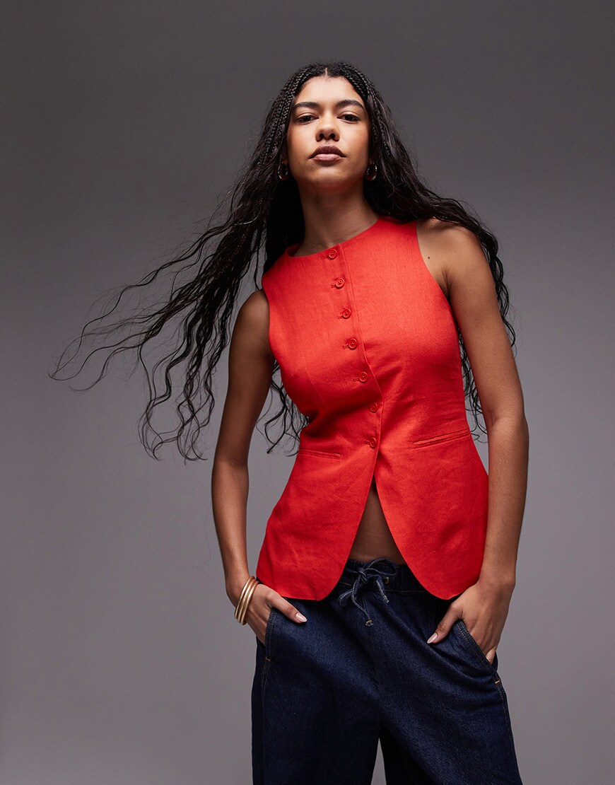 Topshop linen longline fitted waistcoat with pockets in red | ASOS Style Feed