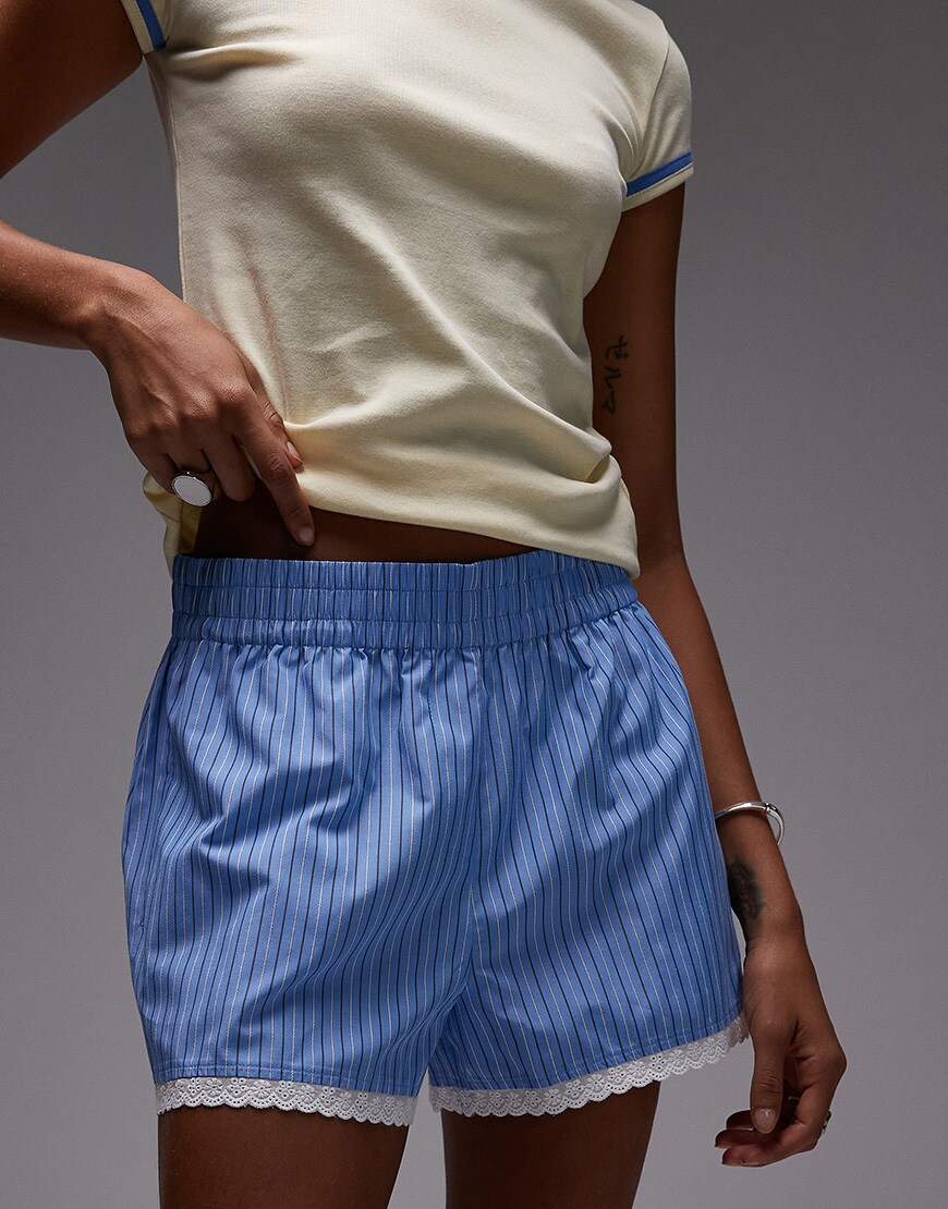 Topshop high waisted stripe lace trim boxer short in blue | ASOS Style Feed