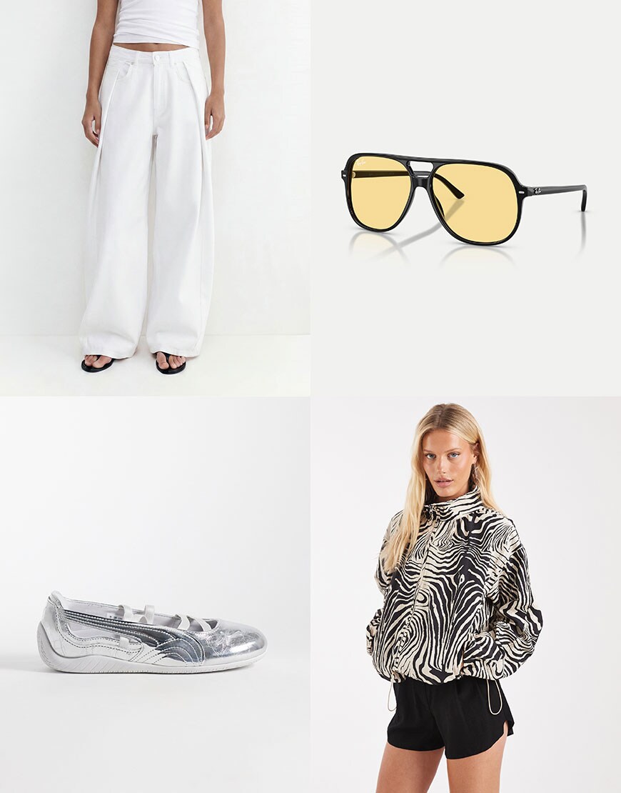 An outfit featuring white jeans and a track top