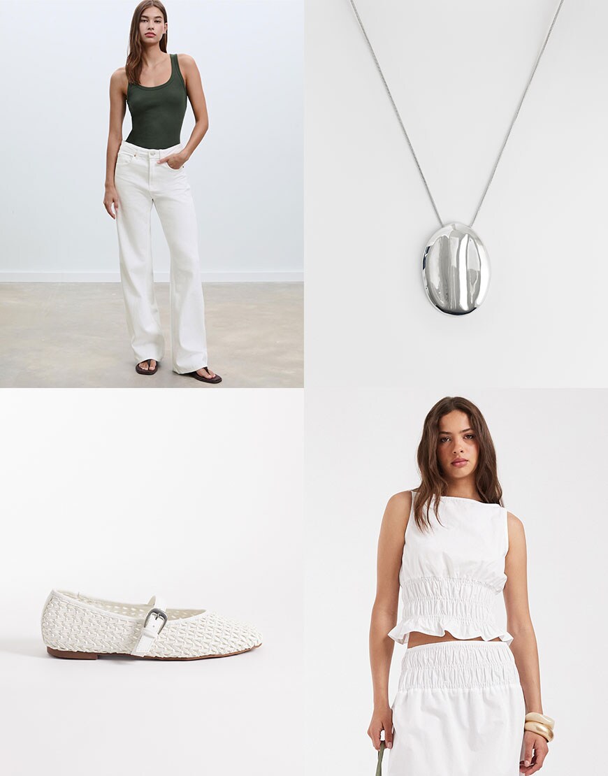 An outfit featuring white jeans and a white top