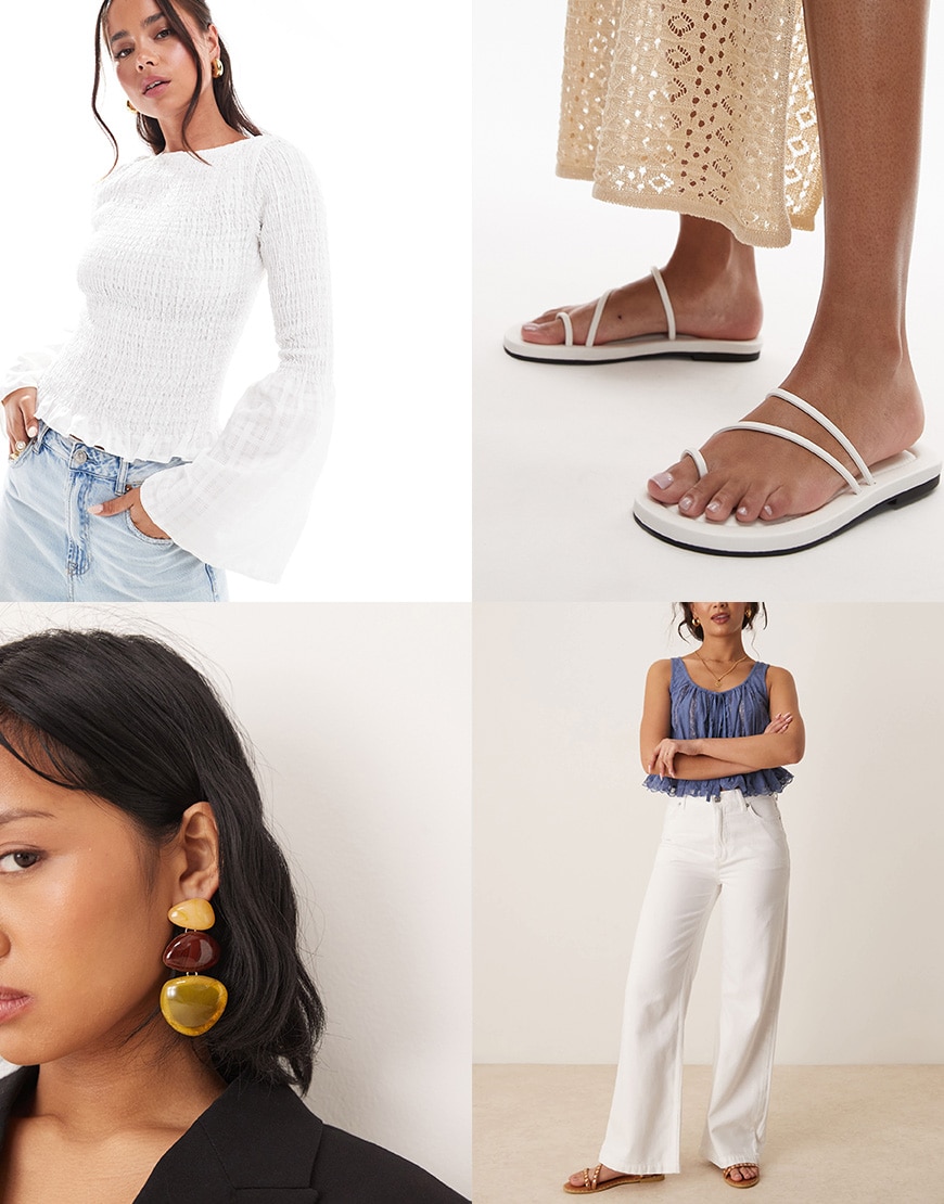 An outfit featuring white jeans and a white top