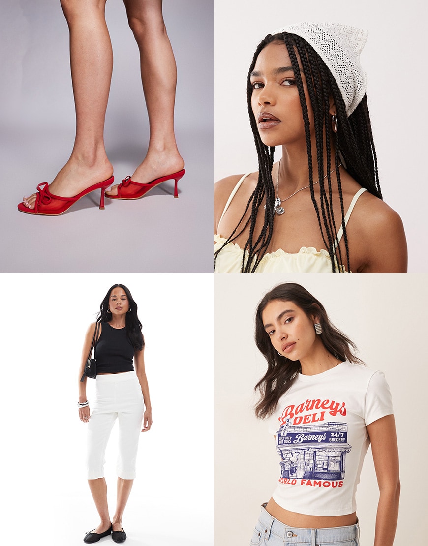 An outfit featuring white capris and a baby tee