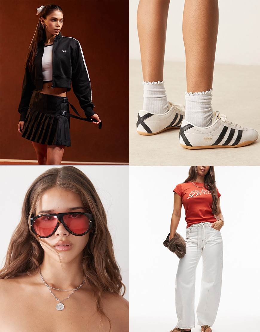 An outfit featuring white jeans and a track top