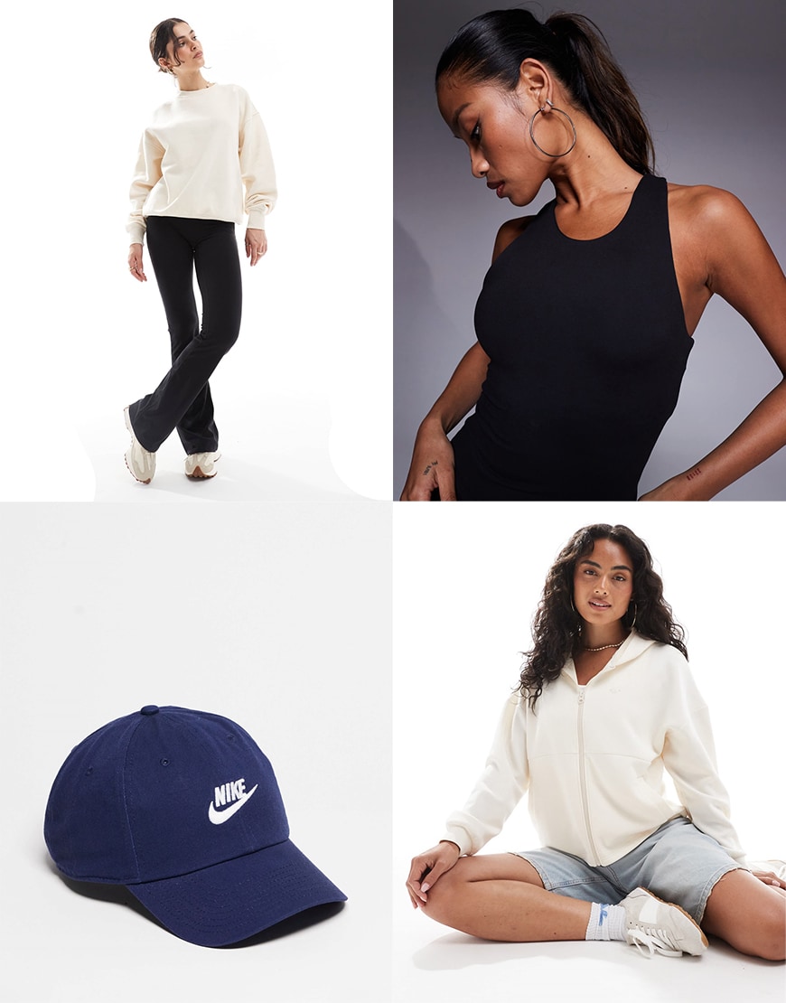 Collage of models wearing ASOS clothes and a Nike cap