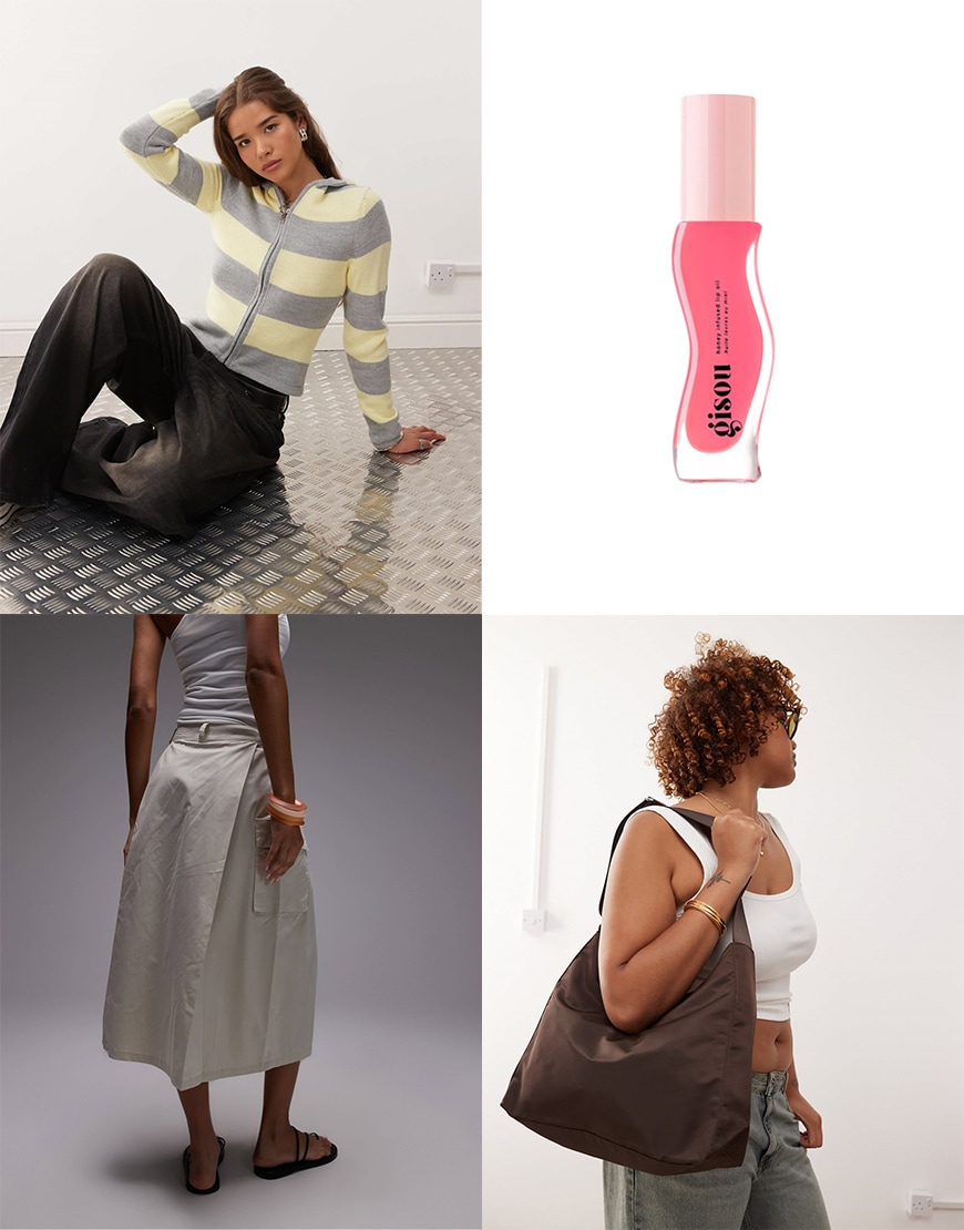 Collage of models wearing ASOS clothes and a Gisou lip gloss