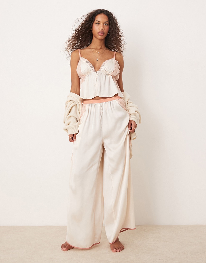 Free People lace insert silky pyjama set in ivory | ASOS Style Feed