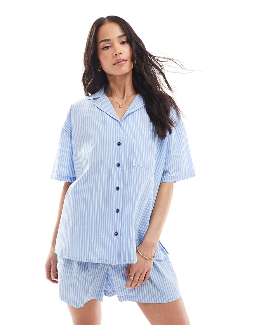 Loungeable Woven traditional short sleeved short set in blue | ASOS Style Feed