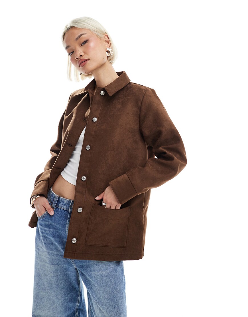 ASOS DESIGN faux suede boxy jacket in tan | ASOS Style Feed