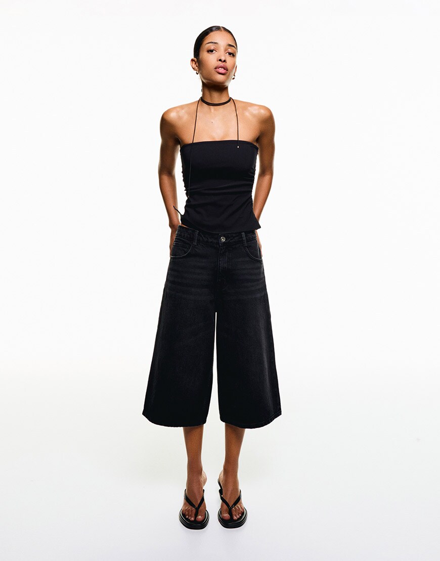 Bershka baggy denim bermuda jorts in black | ASOS Style Feed