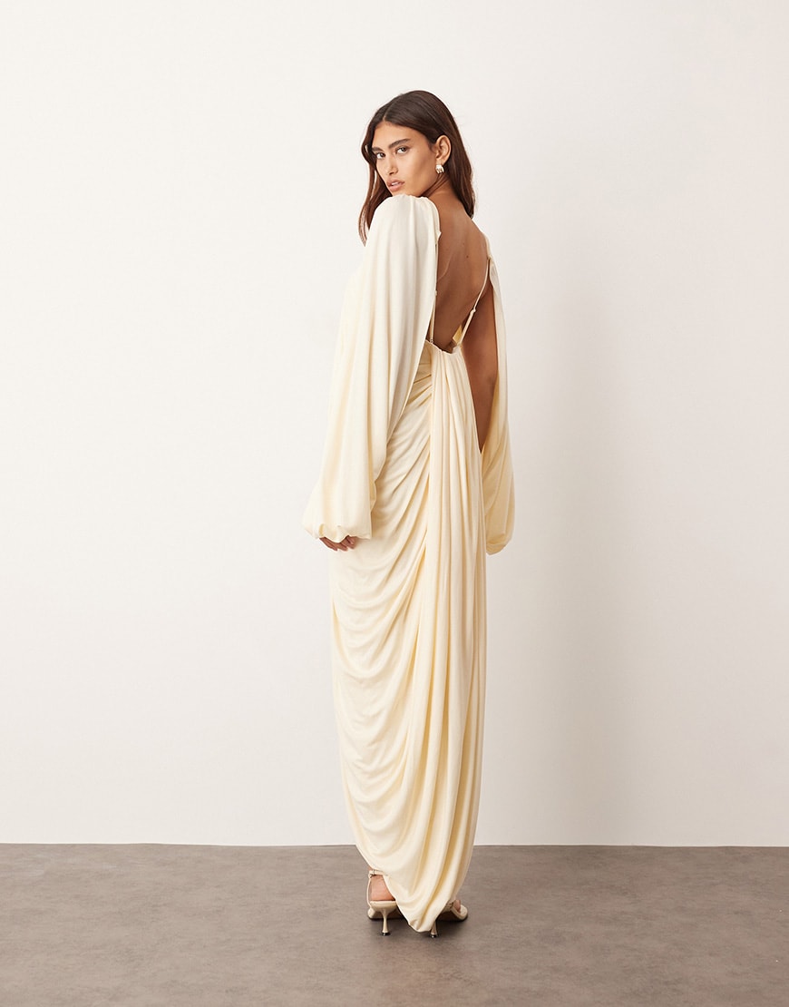 ARRANGE drape midi dress with balloon sleeve and hardware detail in buttermilk | ASOS Style Feed